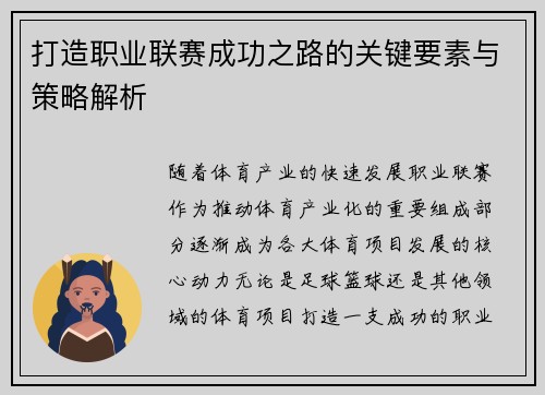 打造职业联赛成功之路的关键要素与策略解析